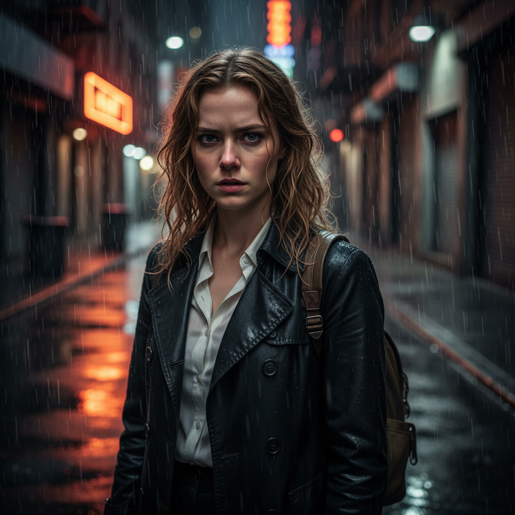 A young woman with a determined, desperate expression stands in a rainy, dimly lit city street at night.