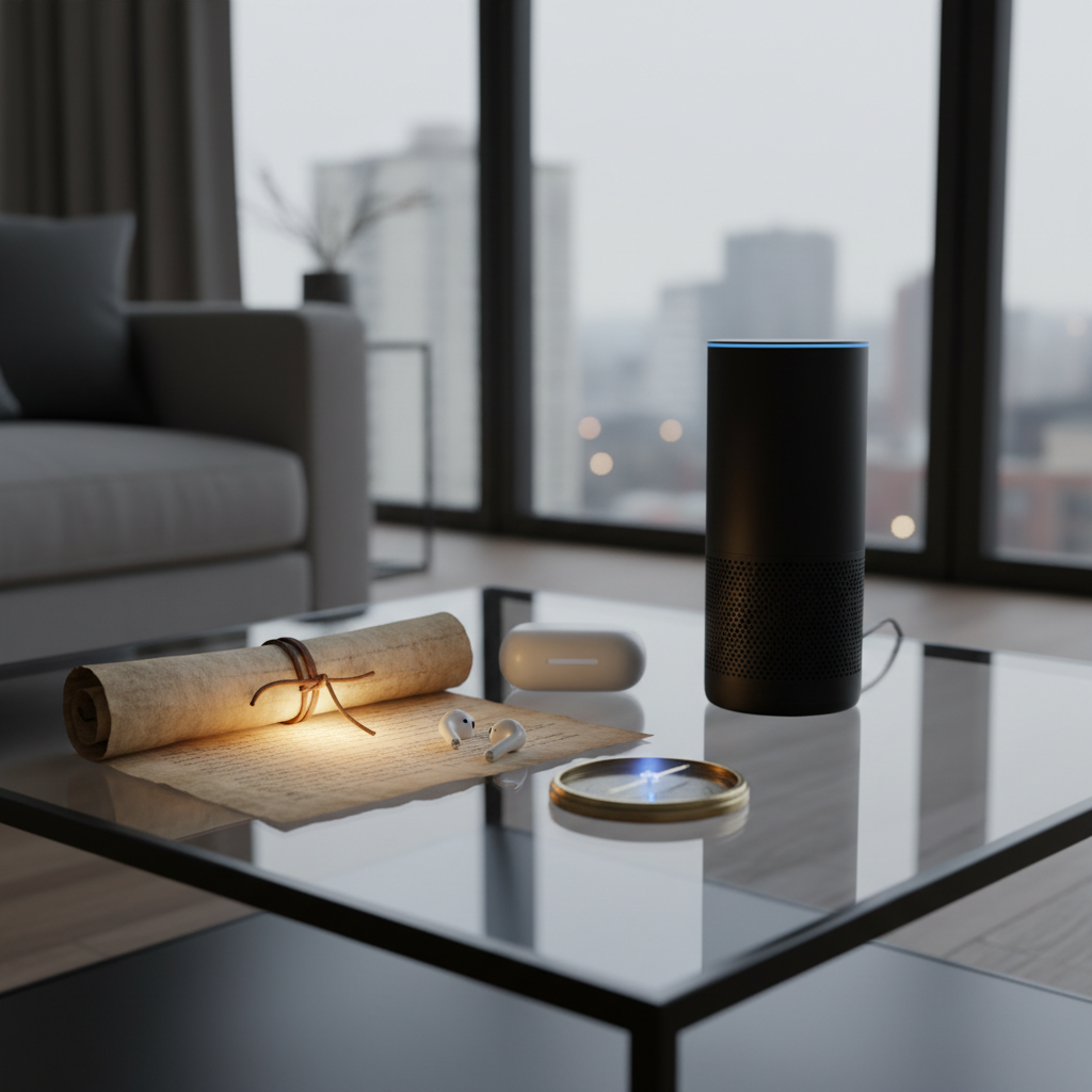 An ancient, glowing scroll and magical compass on a modern coffee table next to tech gadgets, illustrating magic in a technological world.