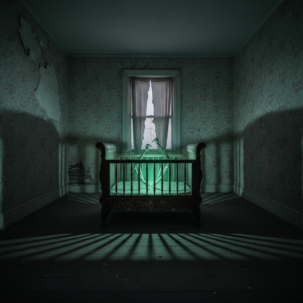 An antique wooden baby crib in a desolate, dimly lit nursery, emitting an unnatural green glow.