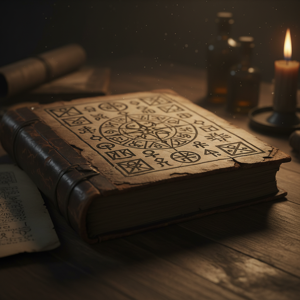 An old, leather-bound book with cryptic symbols and archaic script open on a dark wooden table, subtly lit to create a mysterious and eerie atmosphere.