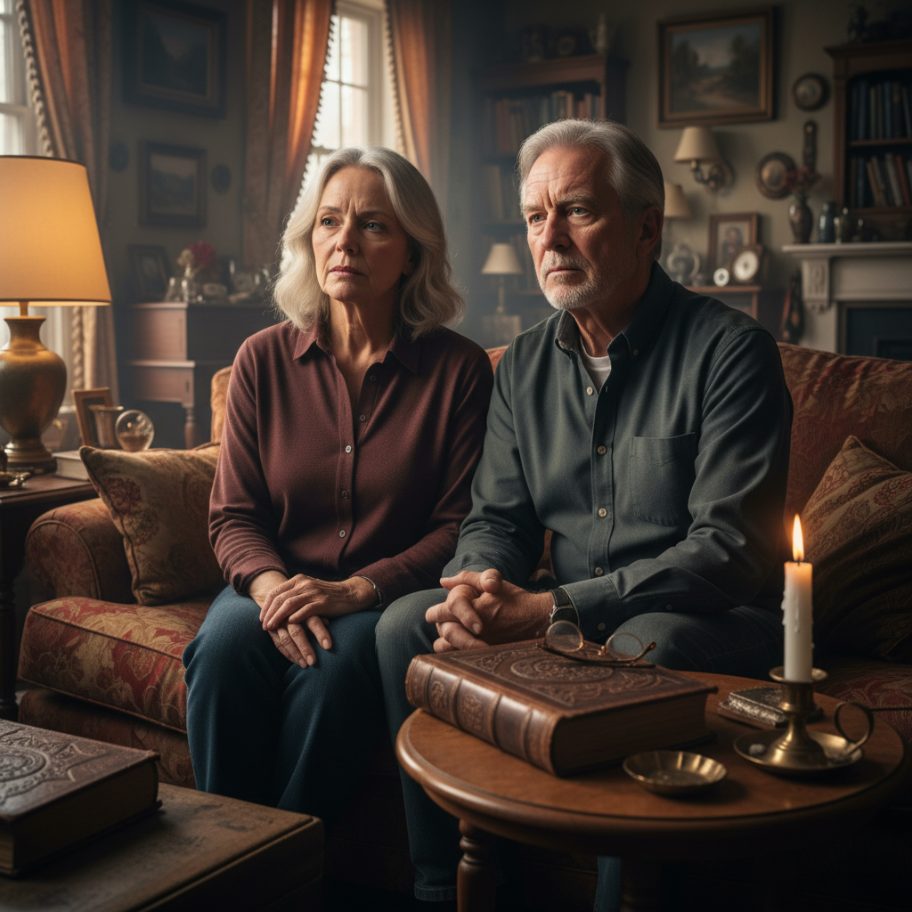 An older couple with solemn expressions in a dimly lit living room, hinting at a hidden, dark secret.
