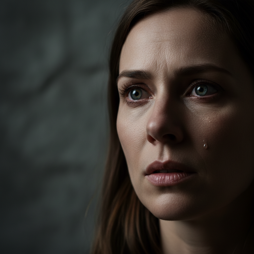 Close-up of a woman's face with wide eyes and a look of intense suspense and subtle fear, dramatically lit.