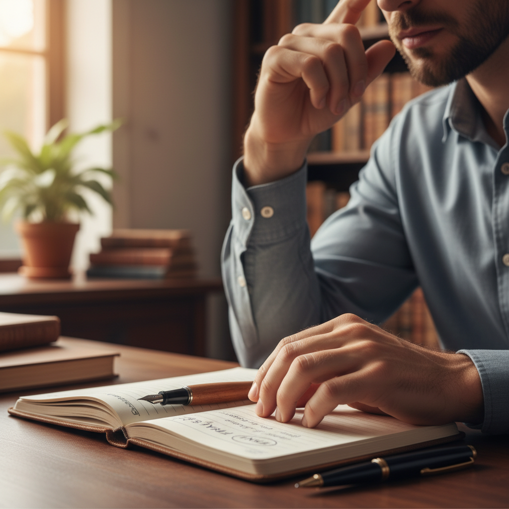 Hands resting thoughtfully on an open notebook with a pen, signaling a moment of decision or final verdict.