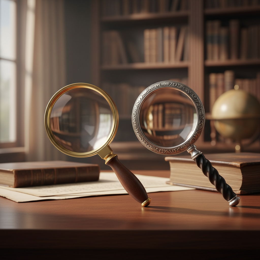 Two antique-style magnifying glasses, one slightly more modern, sit side-by-side on a dark polished table, symbolizing comparison.