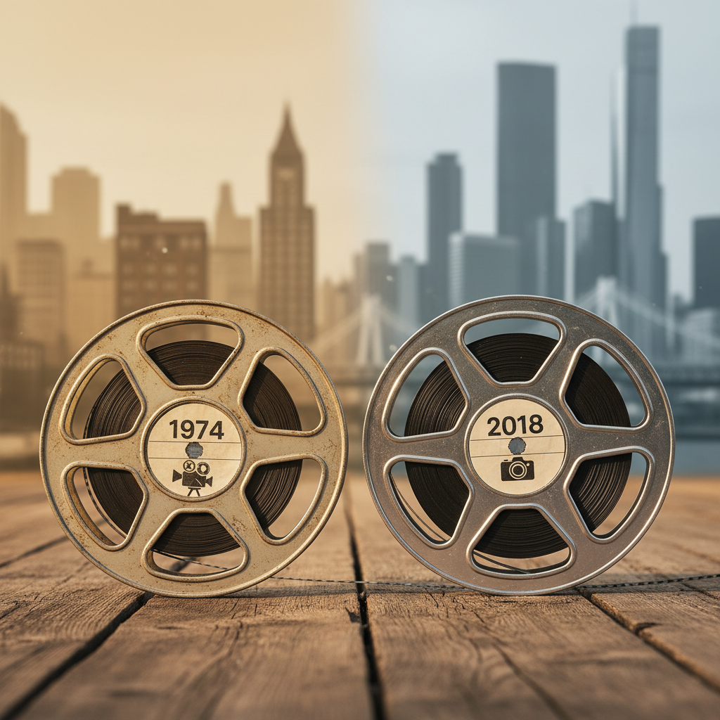 Two film reels, one labeled 1974 and the other 2018, sit on a wooden surface with blurred vintage and modern city skylines in the background.
